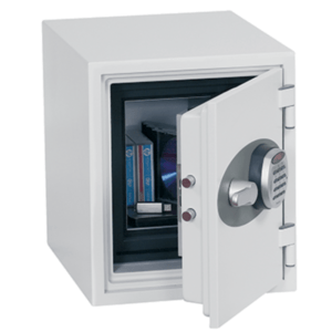 White safe with a combination lock door open, showing shelves and stored items inside.