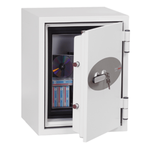 Open white safe showing a CD and several videotapes on shelves inside.