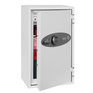 DS2504E-02jpg - Phoenix Safe Company White steel safe with a digital keypad, door open to reveal shelves and stored items inside.