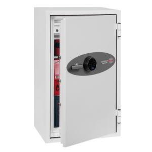 White metal safe with door ajar, revealing interior shelves and a digital lock on the door.