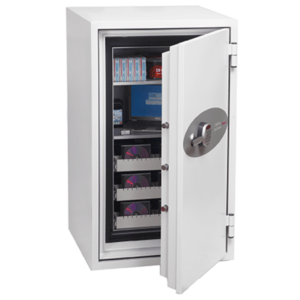 White metal safe with its door open, revealing shelves containing CDs and a small computer monitor inside.