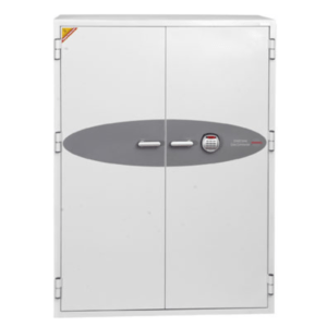 Two-door metal security safe with a circular keypad on the right door, used to secure valuables.