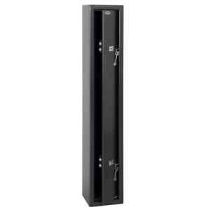 Tall gray gun safe with two locking doors and multiple keys on the locks, designed for secure firearm storage