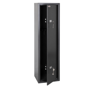 Tall black metal safe with its door open, exposing the interior and locking bolts along the door edge.